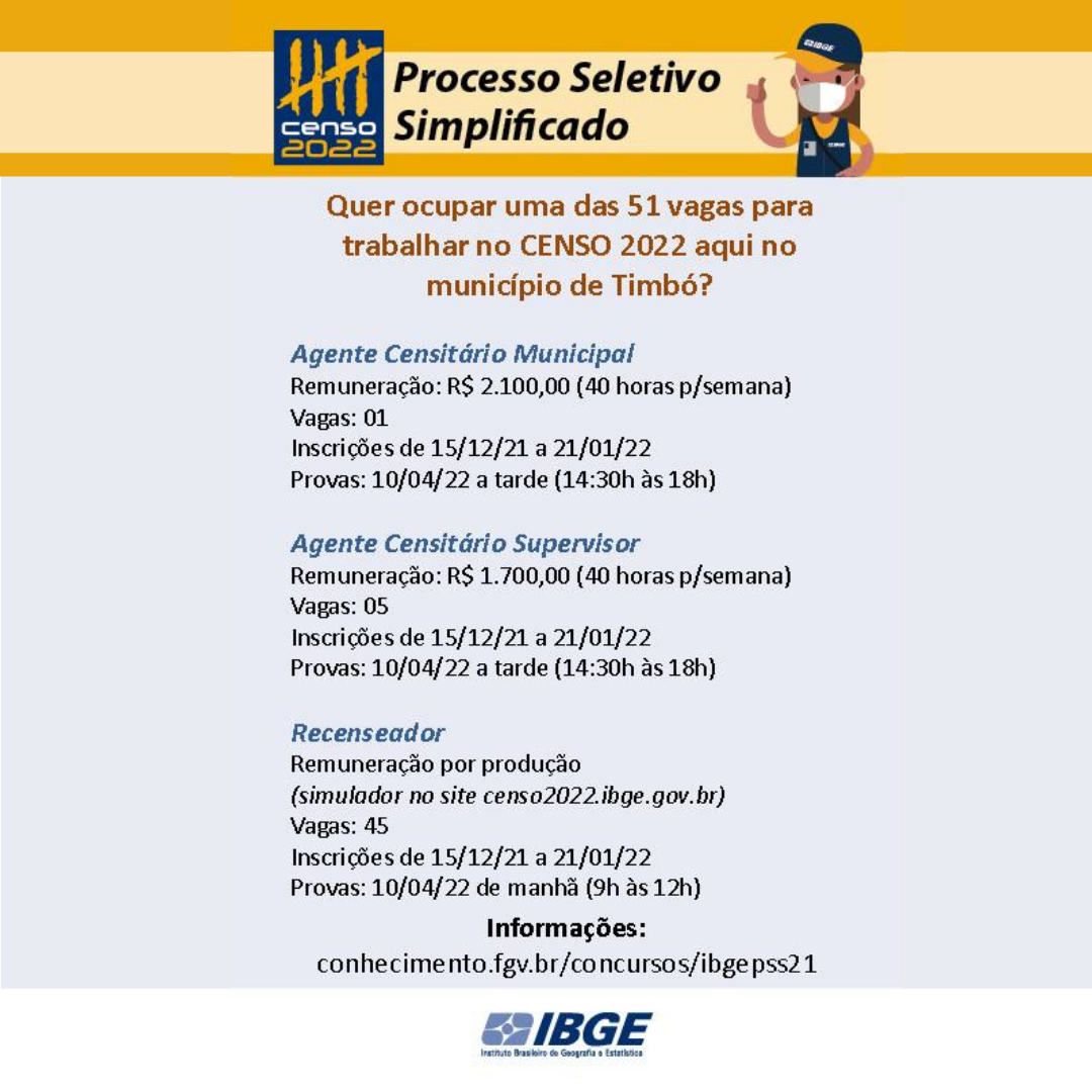 Censo 2022 do IBGE tem inscrições abertas para vagas em Timbó - Prefeitura  de Timbó